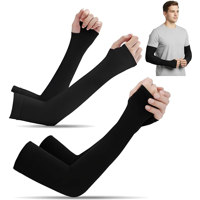 Full Arm Sleeves with Thumb Holes for Riders UV Sun Protection 4-Way Stretch Cooling Hand Cover for Men & Women Biking Hiking Cycling Running Protective Bike Riding Gear (Black)