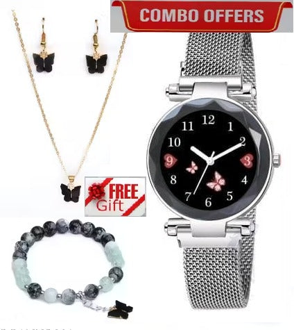 Women’s Butterfly Design Analog Silver Watch with Bracelet, Necklace & Earrings-Combo Gift Set