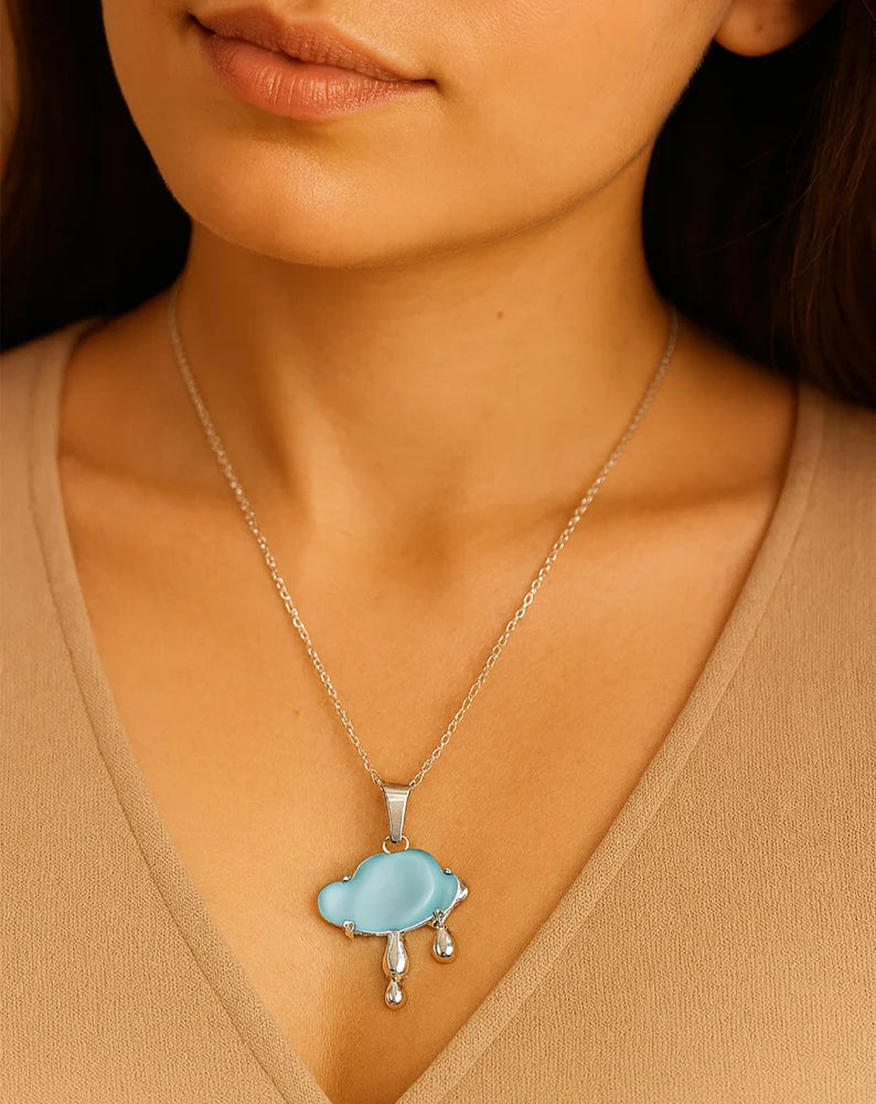 Silver-Plated Blue Cloud Raindrop Charms Pendant Necklace