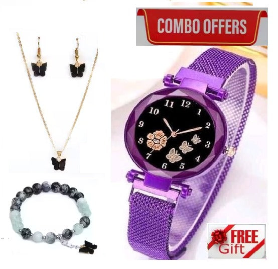 Women’s Butterfly Design Analog Purple Watch with Bracelet, Necklace & Earrings-Combo Gift Set