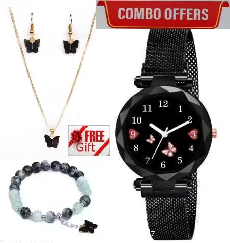Women’s Butterfly Design Analog Watch with Bracelet, Necklace & Earrings-Combo Gift Set