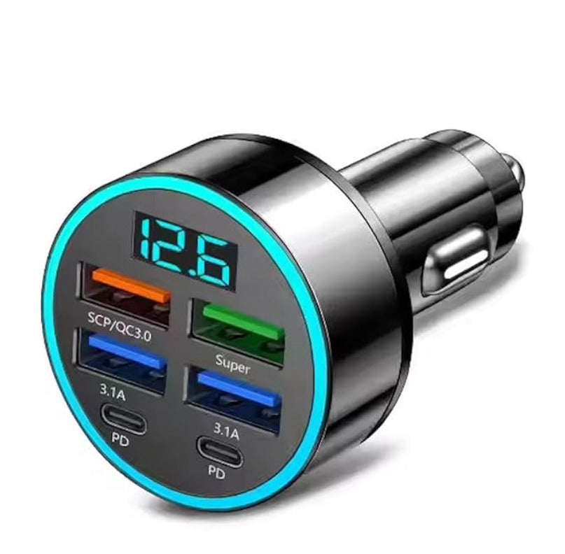 6-Port Fast Car Charger | 66W USB + Type-C Adapter with LED Display | QC3.0 + PD