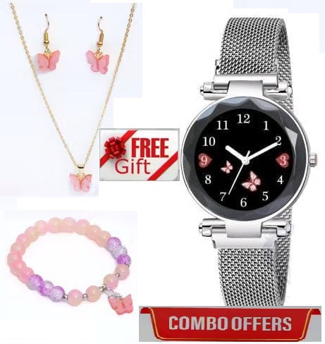 Women’s Butterfly Design Analog Watch with Bracelet, Necklace & Earrings