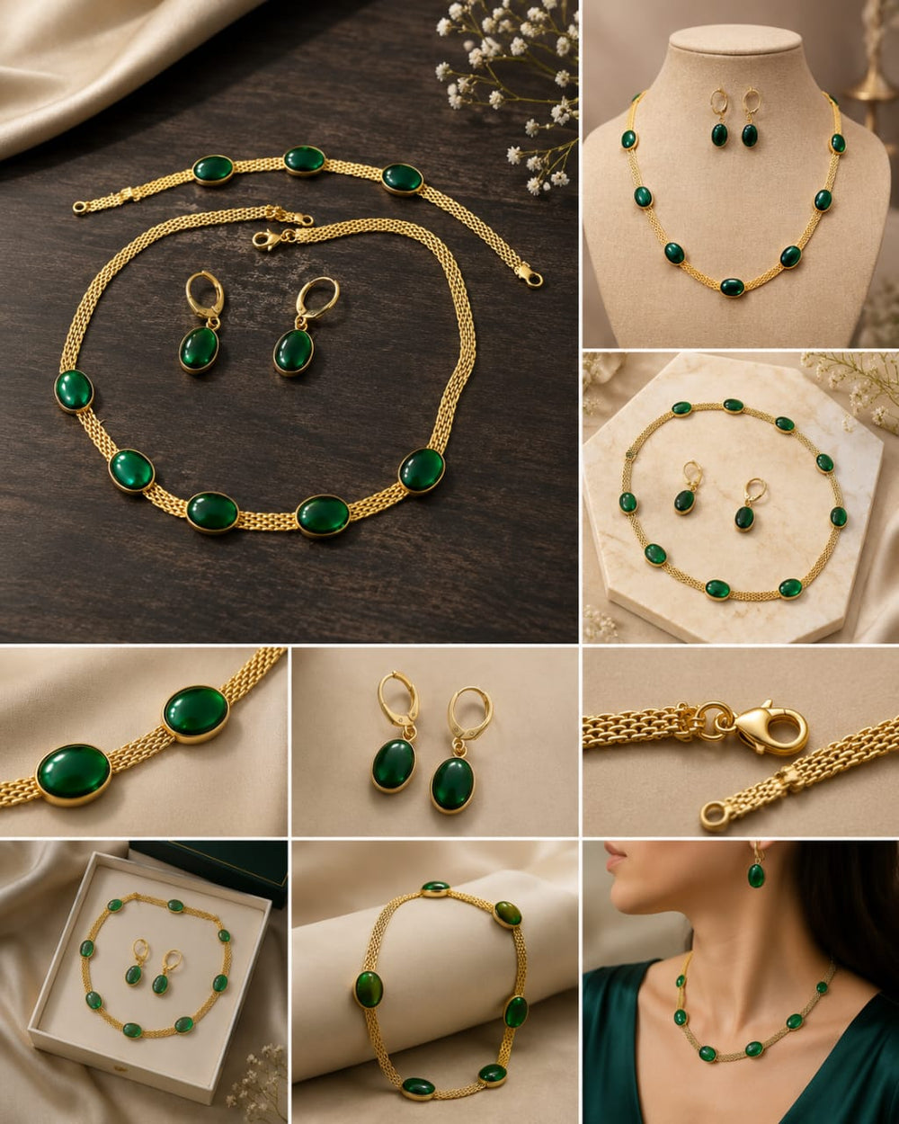 Gold Plated Necklace Earing Set for Women Stainless Steel Oval Green Crystal Pendant Necklace