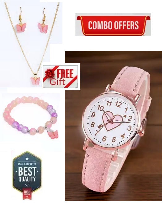 Flower Combo Wrist White Dial Pink Strap Analog Watch for Girls with bracelet and nacklece