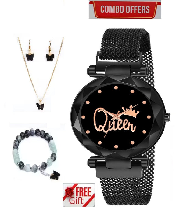 Black Queen Analog Watch With Braclet And A Butterfly Pendent Combo Set