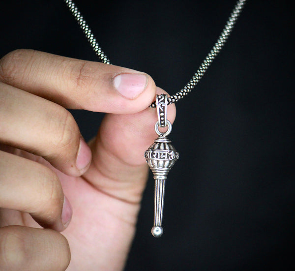 Silver Plated Lord Hanuman Gada Shri Ram word in Hindi Pendant Locket Men